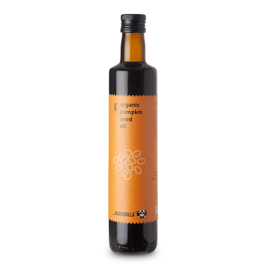 Organic pumpkin seed oil from RawGorilla, cold-pressed in a 500ml bottle, featuring a dark glass container with a pour spout.