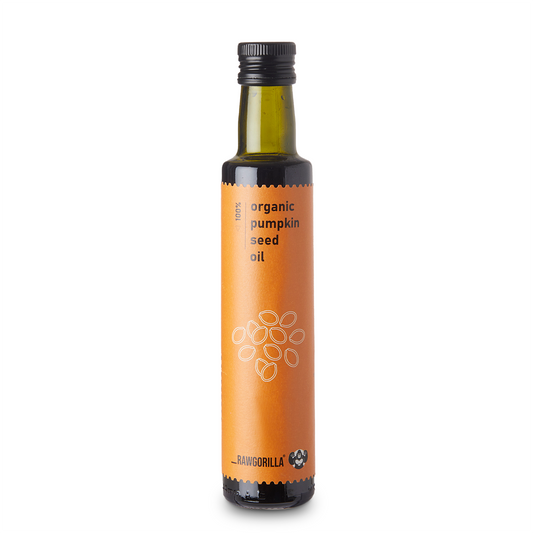 Organic pumpkin seed oil by RawGorilla in a 250ml bottle, cold-pressed cooking oil from Whole Food Earth.
