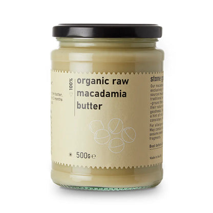 Organic raw macadamia nut butter from RawGorilla, creamy and natural, in a jar showing the smooth nut butter texture.