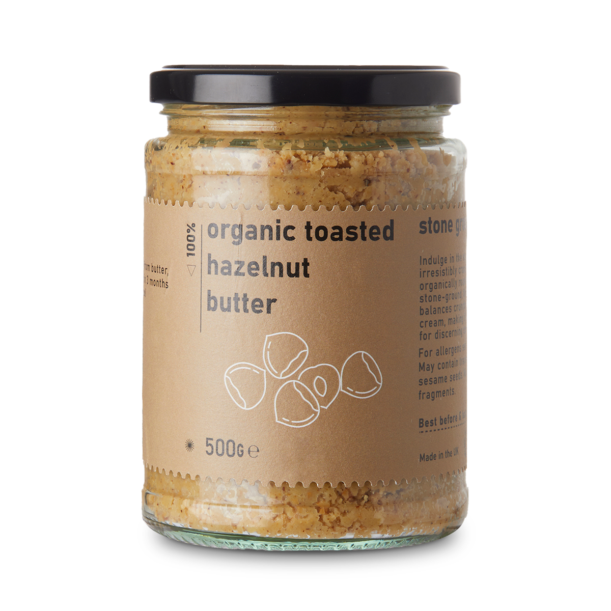Organic toasted hazelnut butter in a jar from RawGorilla, showing creamy texture and label on the nut butter container.