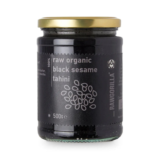 Creamy raw organic black sesame tahini from RawGorilla, perfect as a dip or spread, by Whole Food Earth.