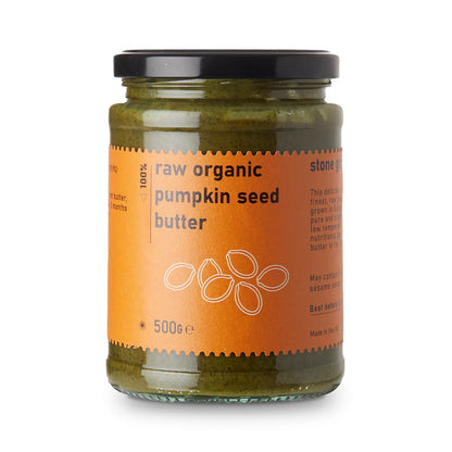 Raw Gorilla organic pumpkin seed butter in a jar, a natural dip and spread made from raw, whole food pumpkin seeds.