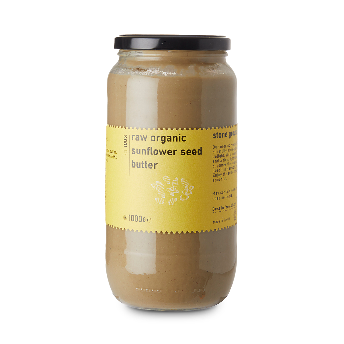 Raw Organic Sunflower Seed Butter by RawGorilla, a natural spread in a jar, showcasing its creamy texture and golden color.
