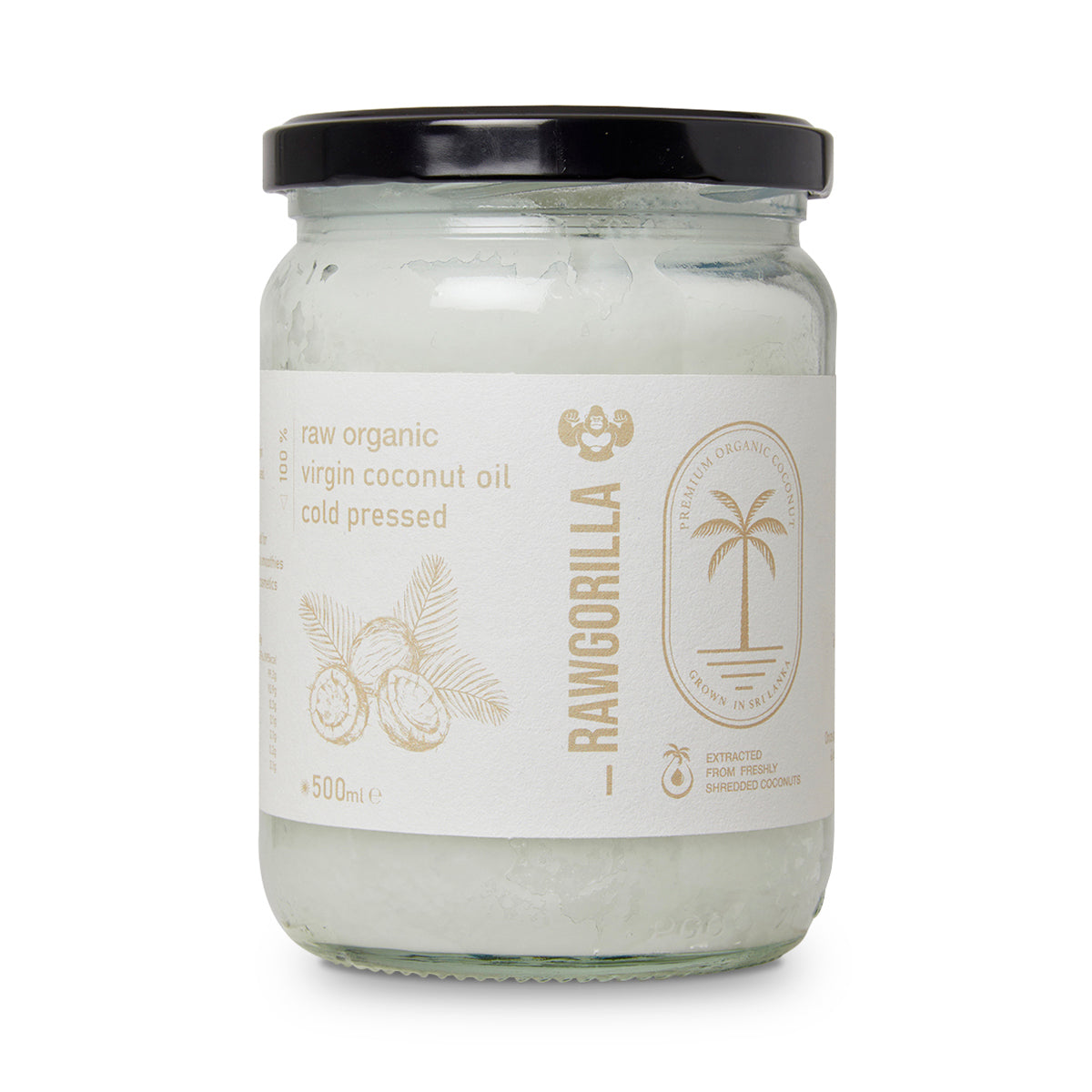 Raw Gorilla organic virgin coconut oil in a 500ml jar, showcasing the clear, golden liquid with a smooth surface.