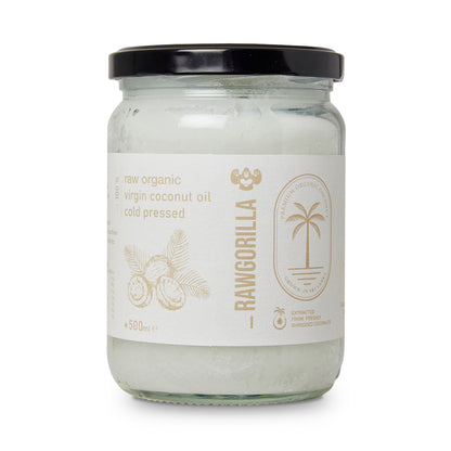 Raw Gorilla organic virgin coconut oil in a 500ml jar, showcasing the clear, golden liquid with a smooth surface.