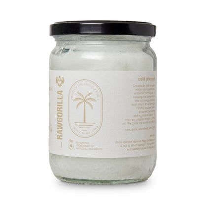 Whole Food Earth raw organic virgin coconut oil in a 500ml jar, natural and unrefined cooking oil from RawGorilla.