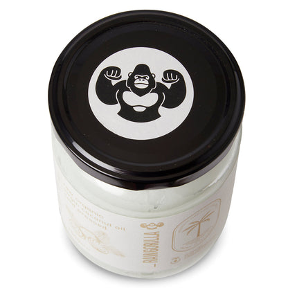 Raw Gorilla organic virgin coconut oil in a 500ml bottle, natural cooking oil from Whole Food Earth with a clear label.