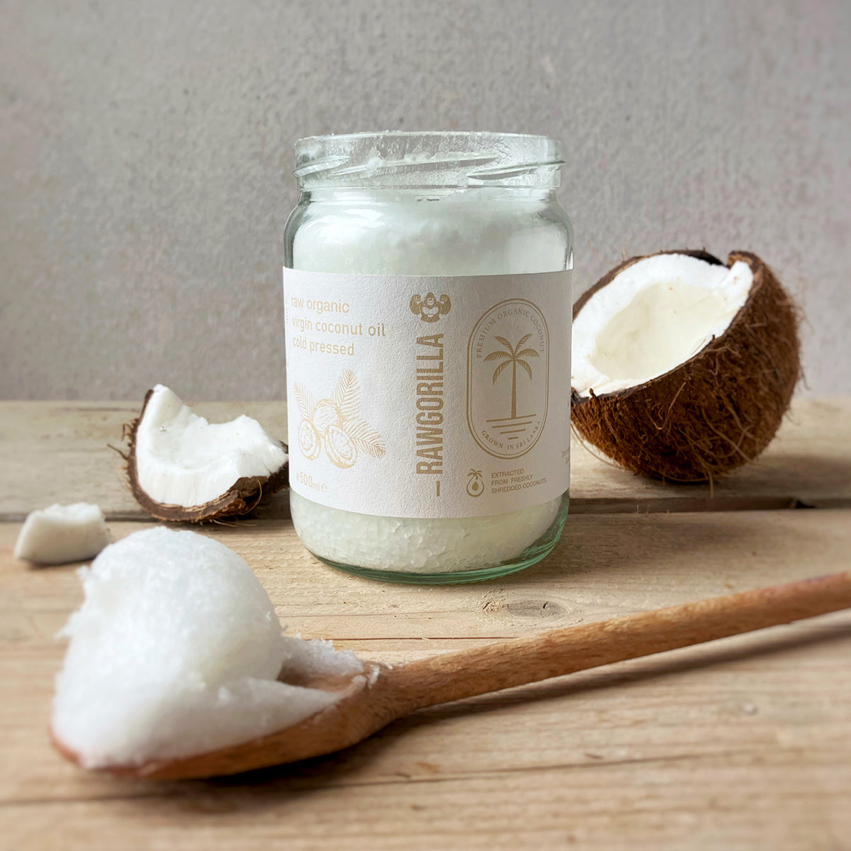 Raw Gorilla organic virgin coconut oil in a 500ml bottle, natural raw cooking oil from Whole Food Earth.
