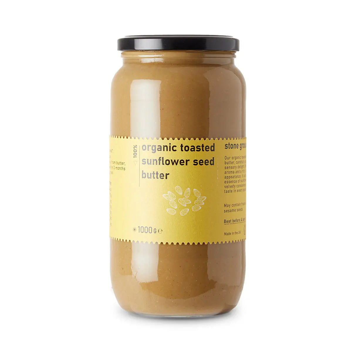 Organic toasted sunflower seed butter from RawGorilla, a natural spread in a jar, with a smooth creamy texture.