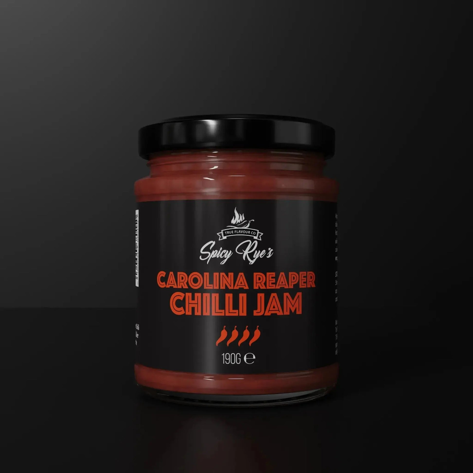 Spicy Ryes Carolina Reaper Chilli Jam jar with vibrant label, showcasing fiery red chili jam in a glass jar.