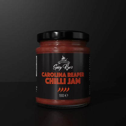 Spicy Ryes Carolina Reaper Chilli Jam jar with vibrant label, showcasing fiery red chili jam in a glass jar.