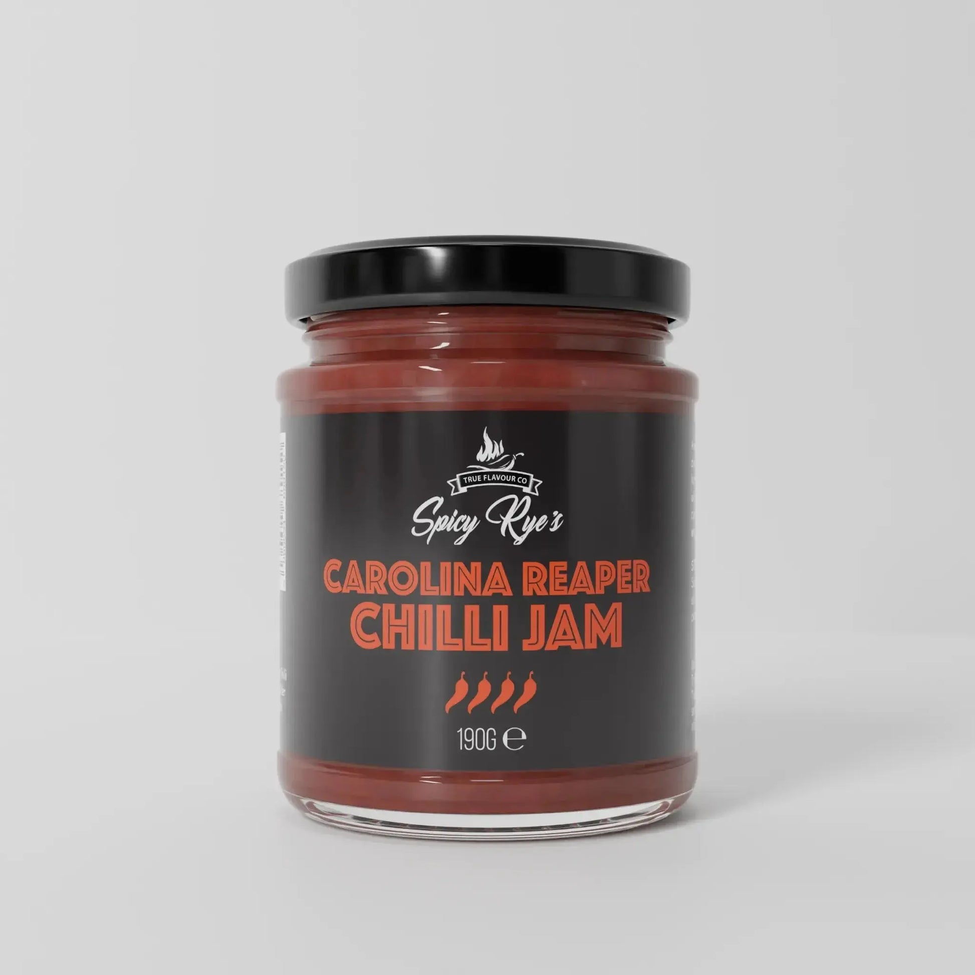 Spicy Ryes Carolina Reaper Chilli Jam jar with vibrant label, showcasing bright red chili jam and spicy flavor profile.
