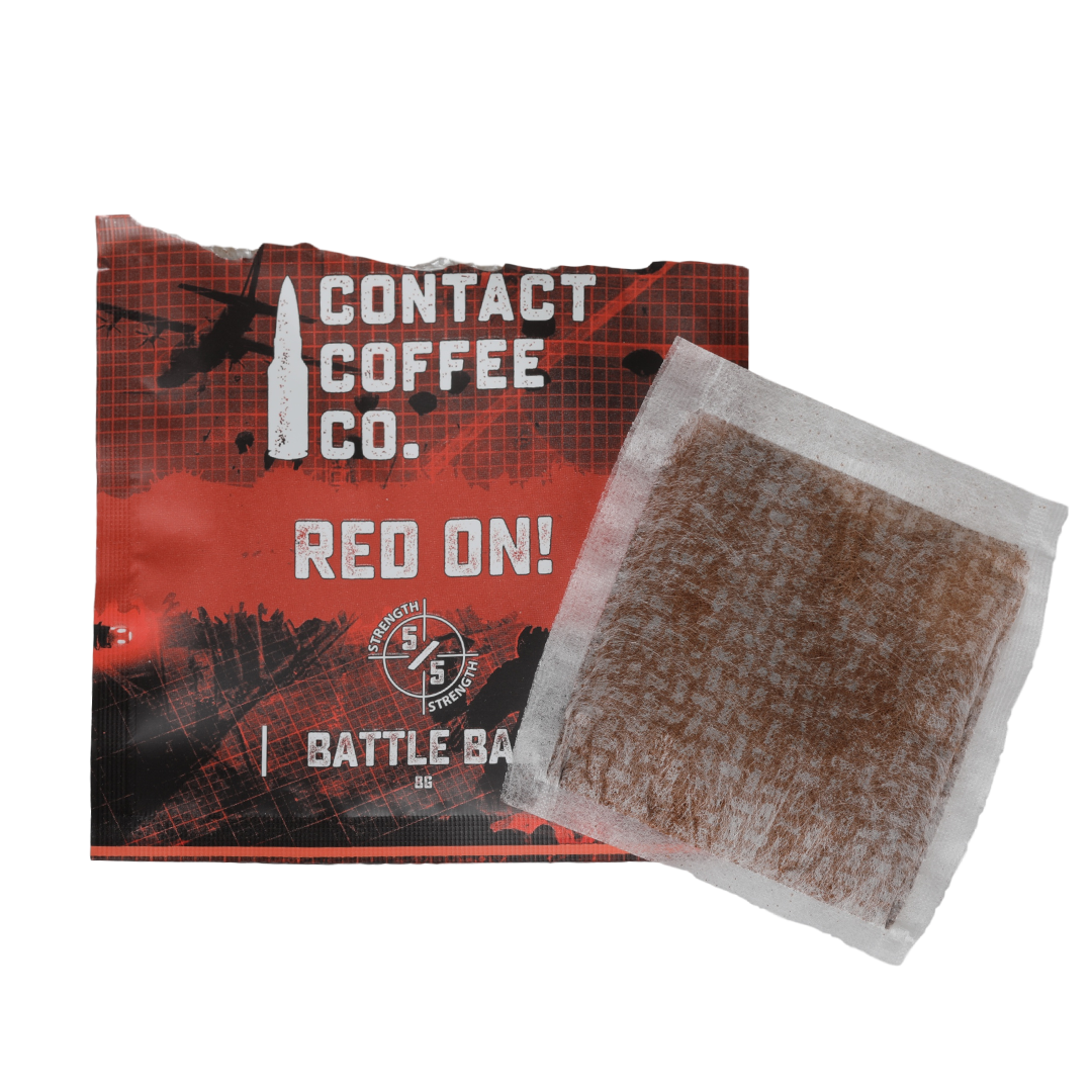 Red single-serve coffee brew bag from Contact Coffee Company Ltd., ready for brewing with vibrant red packaging.