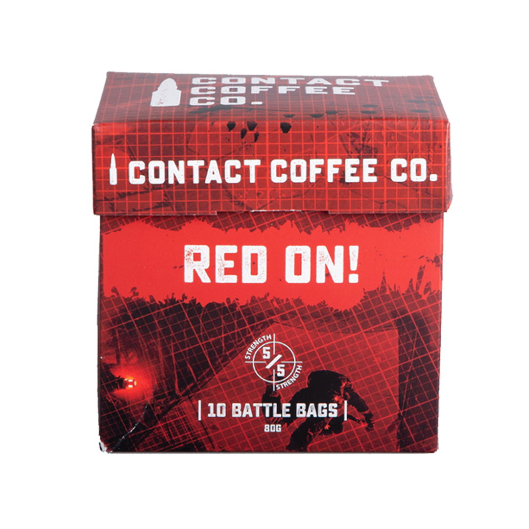 Single serve coffee bag in bright red packaging from Contact Coffee Company Ltd., designed for quick brewing.