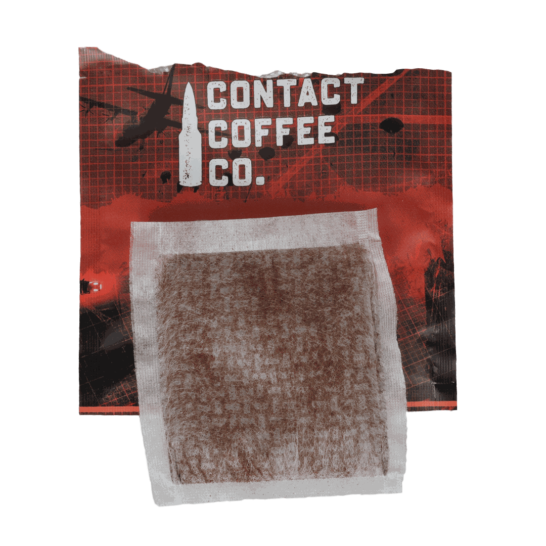 Red single serve coffee bag from Contact Coffee Company Ltd., showcasing vibrant red packaging for easy brewing.