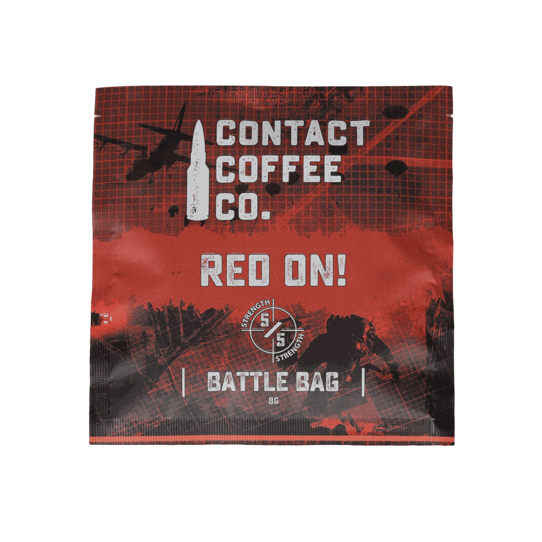 Red single serve coffee bags from Contact Coffee Company Ltd., featuring vibrant red packaging for easy brewing.