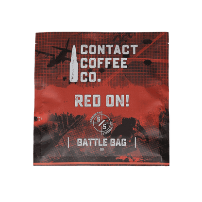 Red single serve coffee bags from Contact Coffee Company Ltd., featuring vibrant red packaging for easy brewing.