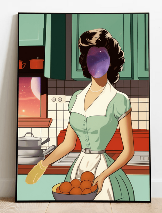 Retro Cosmic Homemaker print by KEOLIX featuring vintage-inspired space-themed artwork on high-quality print.
