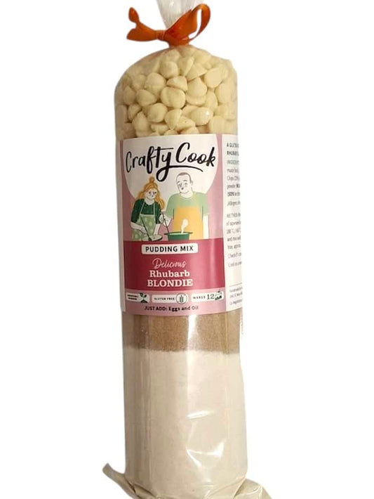 Gluten-free Rhubarb Blondie Mix by Crafty Cook, showcasing the ready-to-make baking mix with a bag featuring rhubarb imagery.