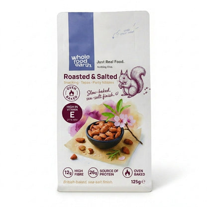 Roasted and salted almonds in a 125g pouch, Whole Food Earth nuts and seeds product, showing crunchy, salted almonds.