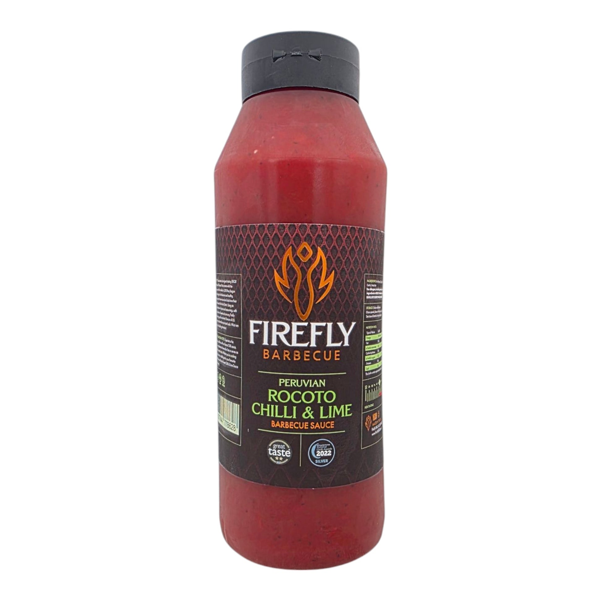Peruvian Rocoto sweet chili and lime BBQ sauce by FireFly Barbecue in a 1L bottle, showcasing vibrant chili and lime ingredients.