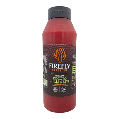 Peruvian Rocoto sweet chili and lime BBQ sauce by FireFly Barbecue in a 1L bottle, showcasing vibrant chili and lime ingredients.
