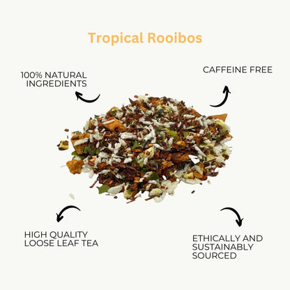 Loose leaf Rooibos tea from Camellios, showcasing vibrant red tea leaves and a traditional tea infuser for brewing.