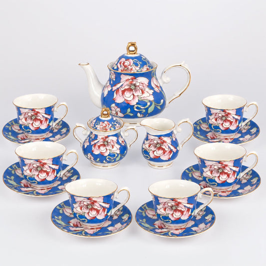 Rosewood Garden tea set by KitchBoom, 15-piece service for 6 with teapots, cups, and saucers arranged on a table.