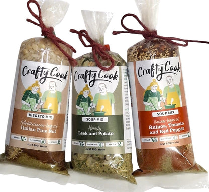 Savoury Mini Vegan and gluten free cooking kits, dried meal kits for soup and risotto from Crafty Cook by Kandy Kitchen Creations monthly subscription uni food