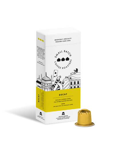 Decaf coffee pods from Small Batch Coffee, showing a row of single-serve coffee pods on a neutral background.