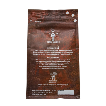 Shot Fired Coffee from Contact Coffee Company Ltd., a rich brewed coffee in a coffee cup with a dark roast appearance.