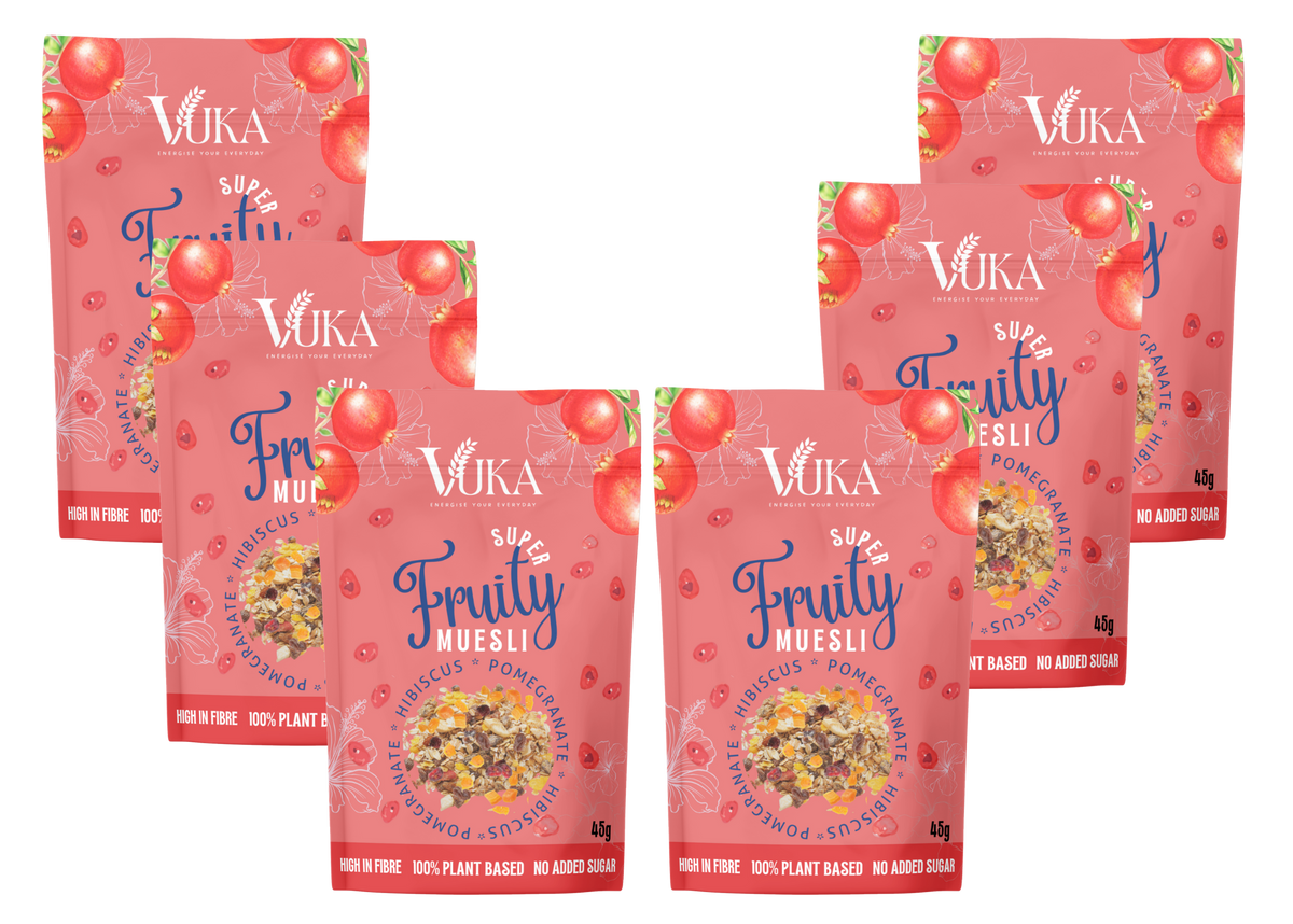 Goch & Co Super Fruity and Nutty Muesli cereal selection with 12 packs, showing colorful dried fruits and crunchy nuts in each box.