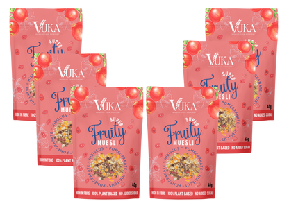 Goch & Co Super Fruity and Nutty Muesli cereal selection with 12 packs, showing colorful dried fruits and crunchy nuts in each box.