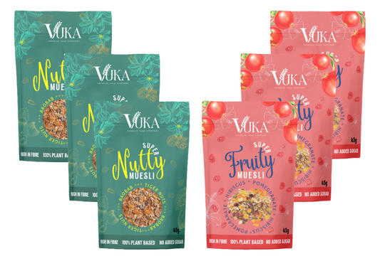 Assorted super fruity and nutty muesli packs from Goch & Co, featuring colorful packaging and a variety of wholesome ingredients.