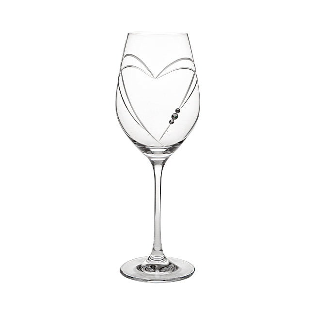 Elegant Glassware UK diamante wine glass with heart-shaped cut, displayed in a gift box for special occasions.