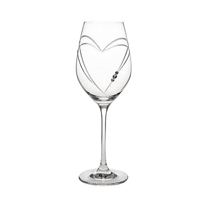 Elegant Glassware UK diamante wine glass with heart-shaped cut, displayed in a gift box for special occasions.
