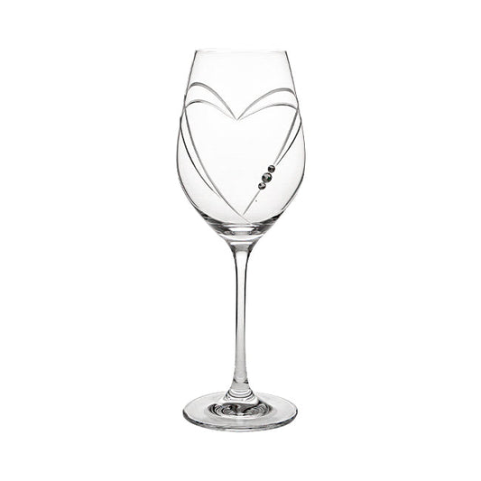 Elegant Glassware UK diamante wine glass with heart-shaped cut, displayed in a gift box for special occasions.