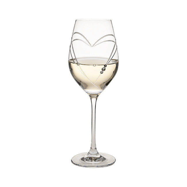 Glassware UK Diamante wine glass with heart-shaped cut design in a gift box, elegant and sparkling for special occasions.