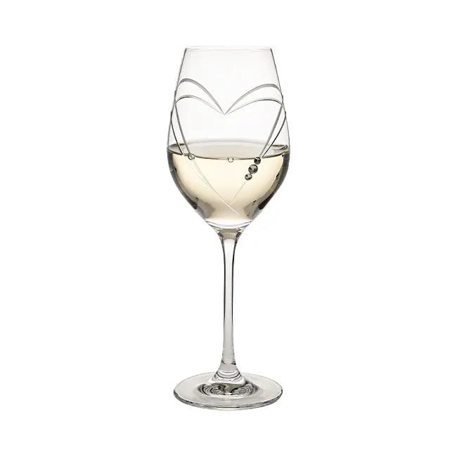 Glassware UK diamante wine glass with heart-shaped cut, displayed in a gift box, elegant and sparkling for special occasions.