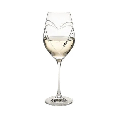 Glassware UK diamante wine glass with heart-shaped cut, displayed in a gift box, elegant and sparkling for special occasions.