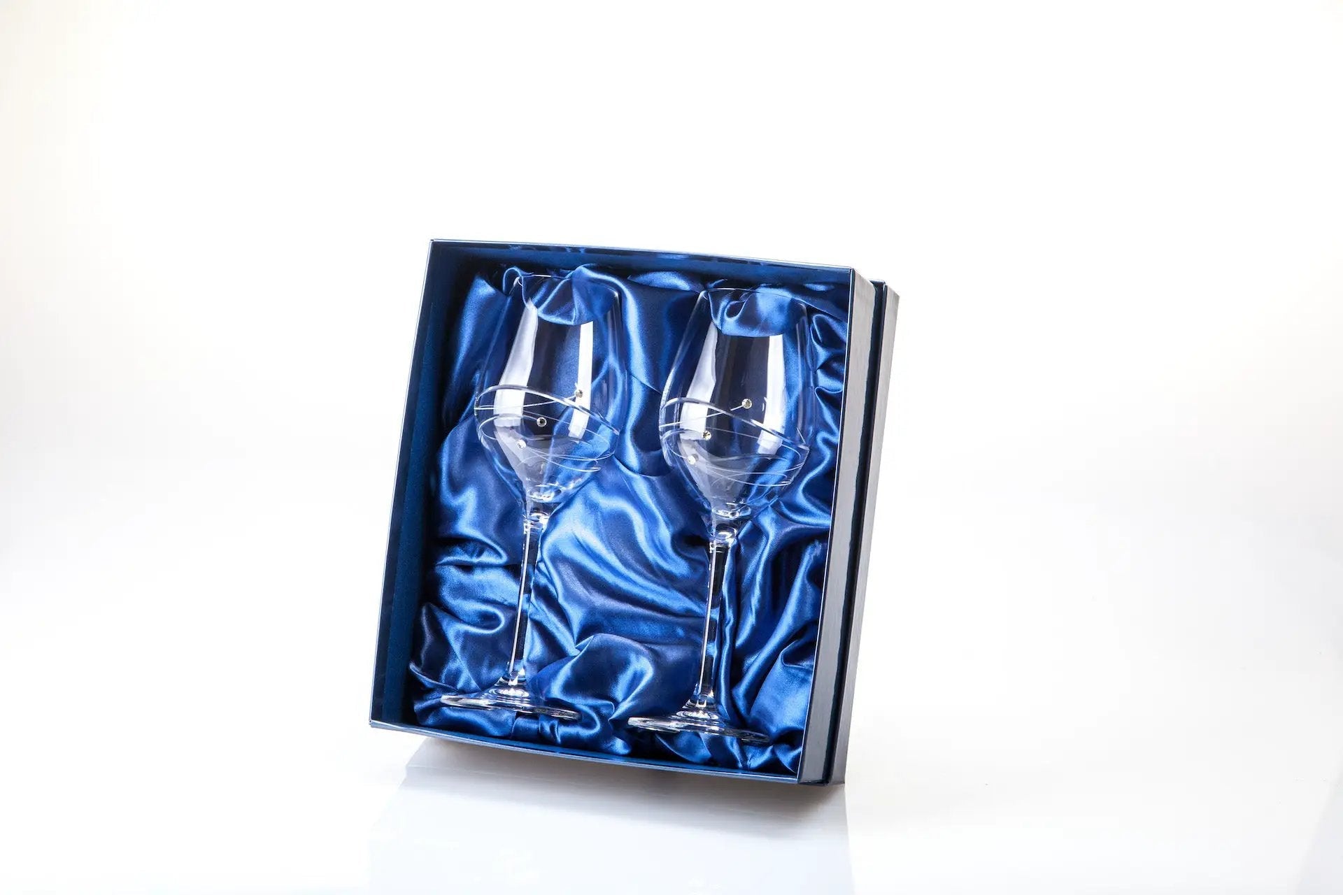 Set of two Diamante wine glasses with spiral cut design by Glassware UK, displayed in a gift box.