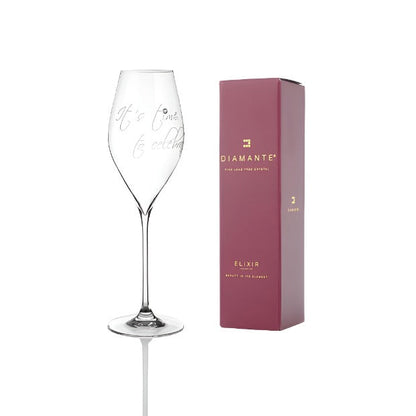 Elegant champagne flute from Glassware UK with diamante accents, labeled "It's Time to Celebrate," in a gift box.
