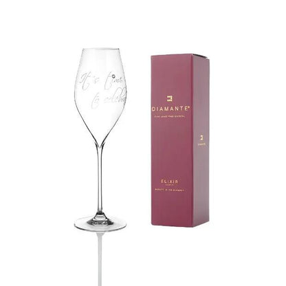 Two elegant Diamante "It's Time to Celebrate" Prosecco champagne flutes in a gift box, featuring sparkling embellishments and clear glass.