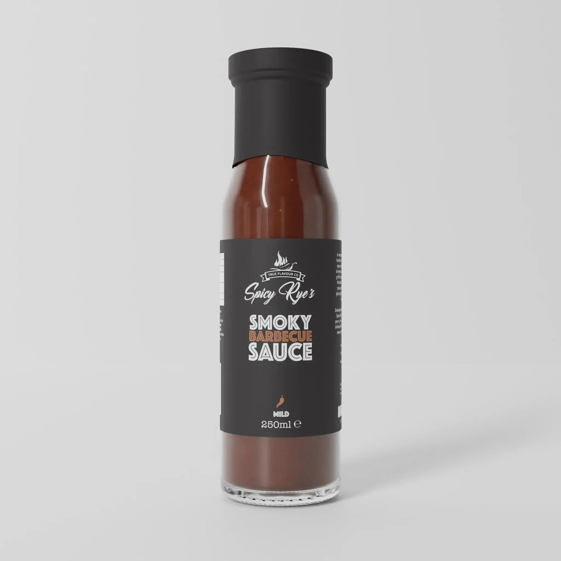 Spicy Ryes Smoky Chipotle BBQ Sauce bottle, marinade and grilling sauce with smoky chipotle flavor, dark and rich in color.