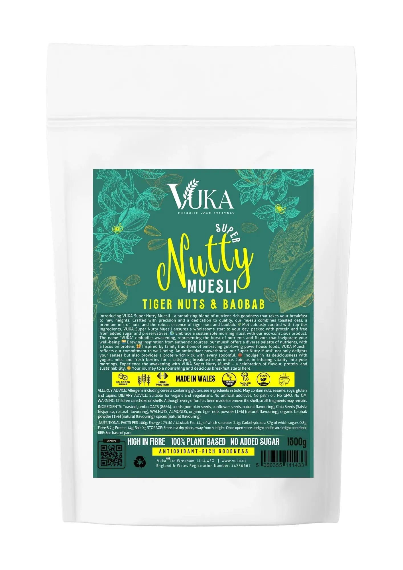 Goch & Co Super Nutty Muesli cereal with baobab and tiger nuts in a 1500g package, showing a bowl of muesli with nuts and dried fruits.