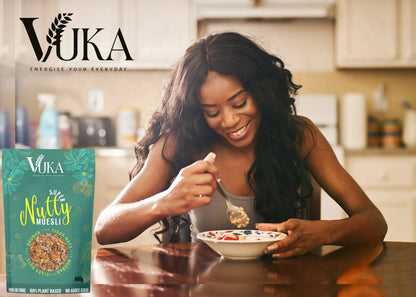 Goch & Co Super Nutty Muesli with baobab and tiger nuts in a 1500g cereal box, showing a bowl of muesli with nuts and dried fruit