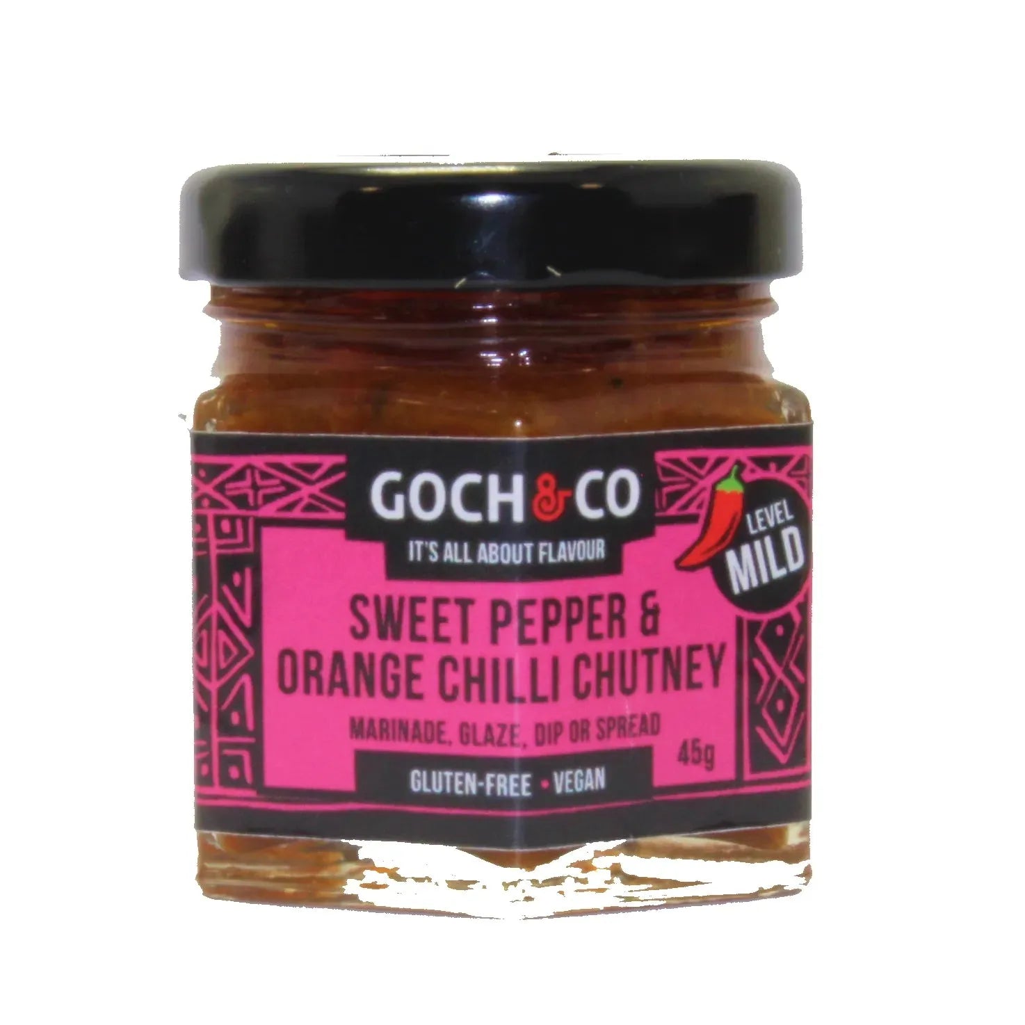 Sweet pepper and orange chili chutney by Goch & Co, showing a jar of vibrant, chunky chutney with peppers and chili pieces inside.