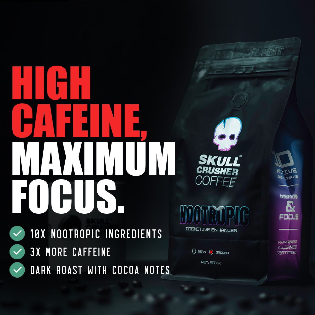 Skull Crusher Nootropic Coffee bag with branding and logo, highlighting the coffee's focus on mental boost and energy.