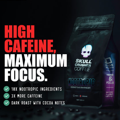 Skull Crusher Nootropic Coffee bag with branding and logo, highlighting the coffee's focus on mental boost and energy.