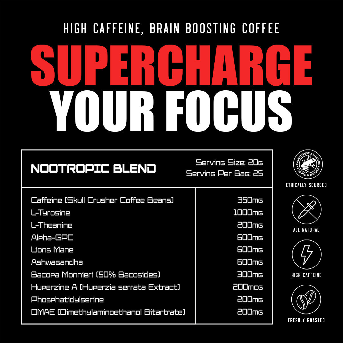 Skull Crusher Nootropic Coffee bag with bold skull logo and modern design, showcasing the Skull Crusher Coffee brand.